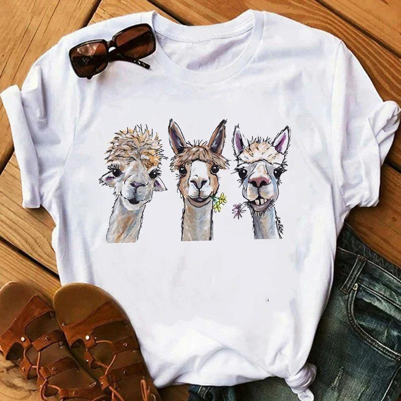 Kawaii Alpacas Animal Printed T Shirts Women Summer White Top Camiseta Mujer Casual Pink/Yellow/Gray/BlackTshirt Clothes Y2K Top