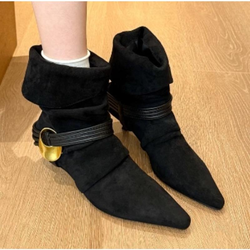 New Style Women's Brown Suede Kitten Heel Western Boots Pointed Toe Slip-on Pleated Coarse Heel Mid-Calf Boots Extra Large Size