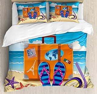 Flip Flops Soft Duvet Cover Quen Sized Dimensions Carton Beach Holiday Beding Set Children Kids Young Boys Young Girls Bedrom Decor Rainbow Flowers