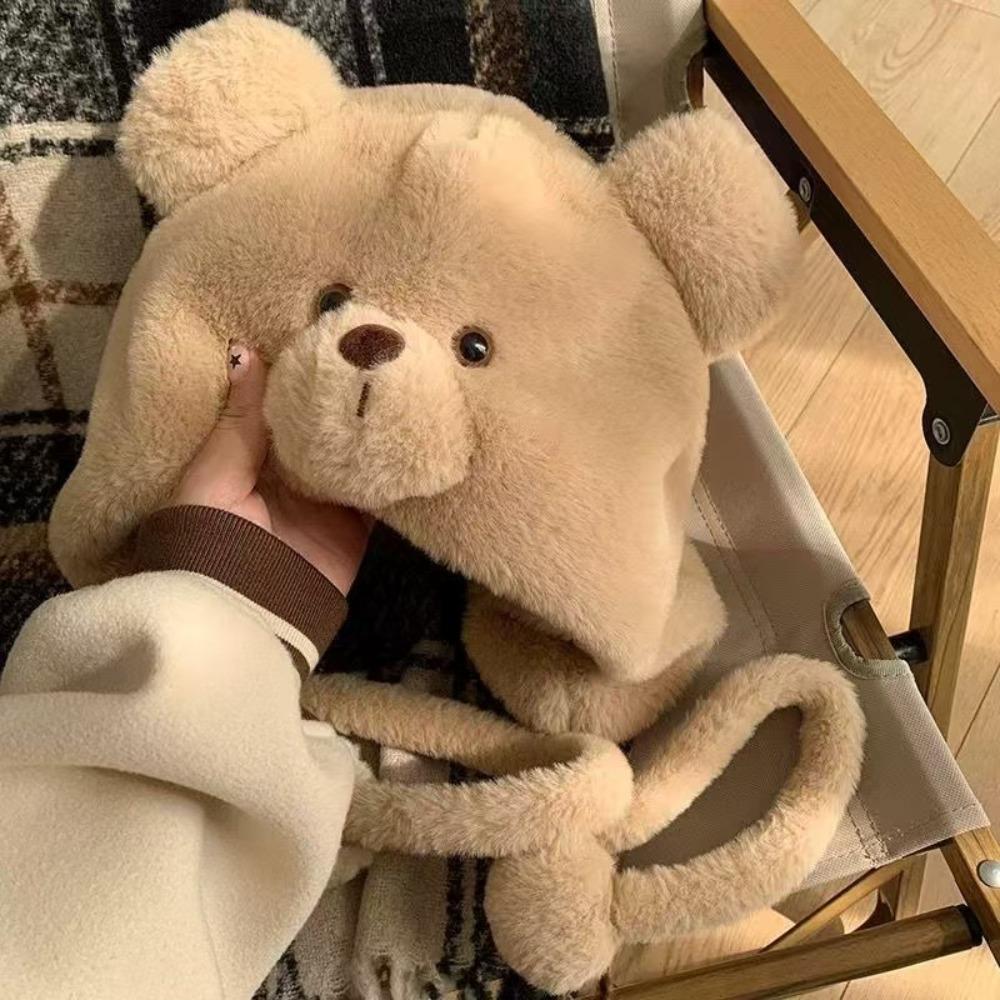 Cute Bear Pattern Women Ear Protection Cap with Ties Windproof Warm Thick Pullover Hat Coldproof Thickened Lei Feng Hat