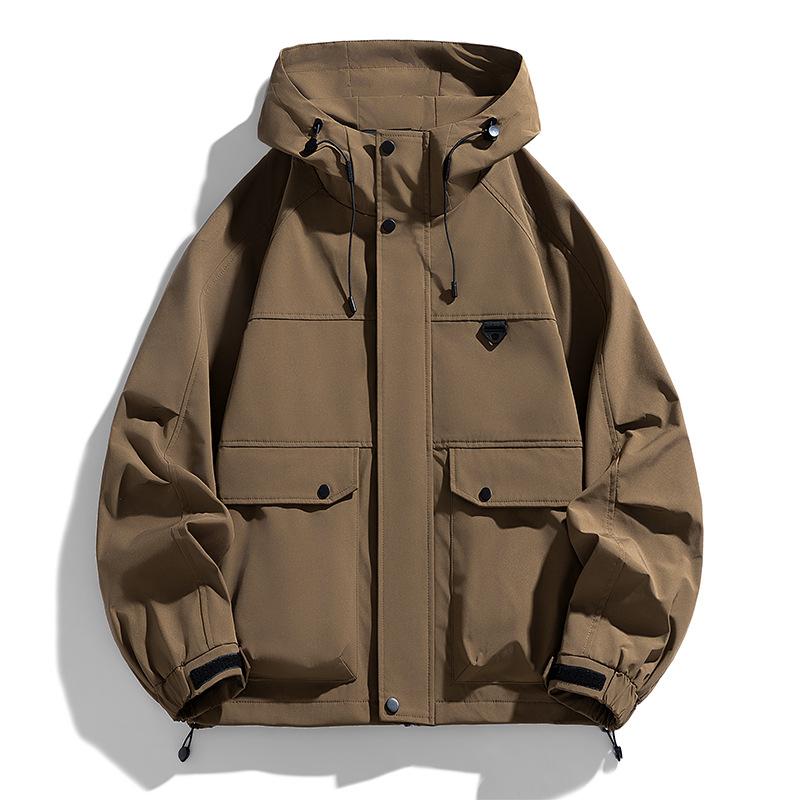 Jacket men's new spring and autumn solid color casual fattening plus size jacket loose hooded cargo men's coat