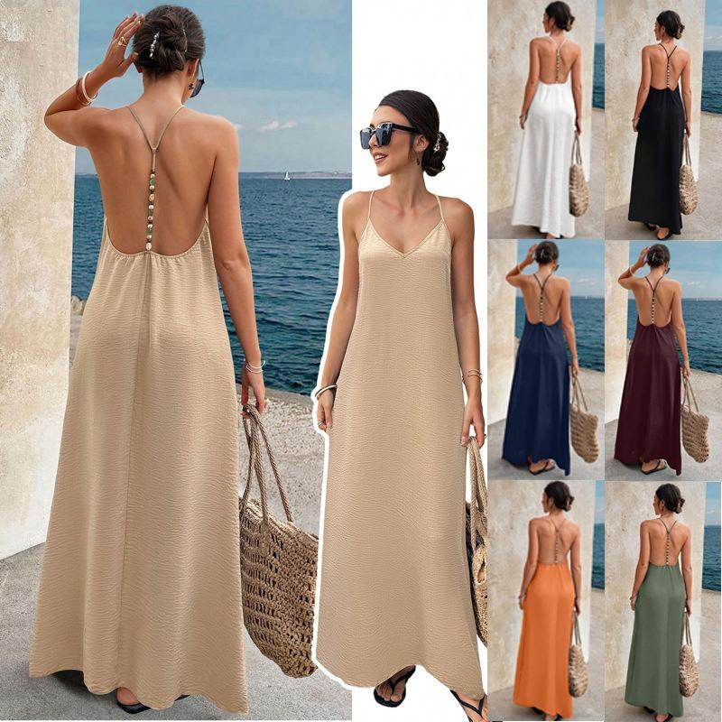Damen Mode Lässig Einfarbige V-Ausschnitt Rückenfrei Ärmelloses Cami Langes Kleid
