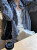 Blue Retro Plaid Lapel Shirt Top Women's Spring and Autumn Loose and Thin Casual Lazy Style Plaid Lining Jacket