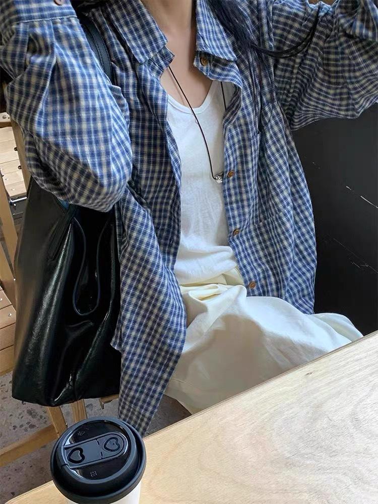 Blue Retro Plaid Lapel Shirt Top Women's Spring and Autumn Loose and Thin Casual Lazy Style Plaid Lining Jacket