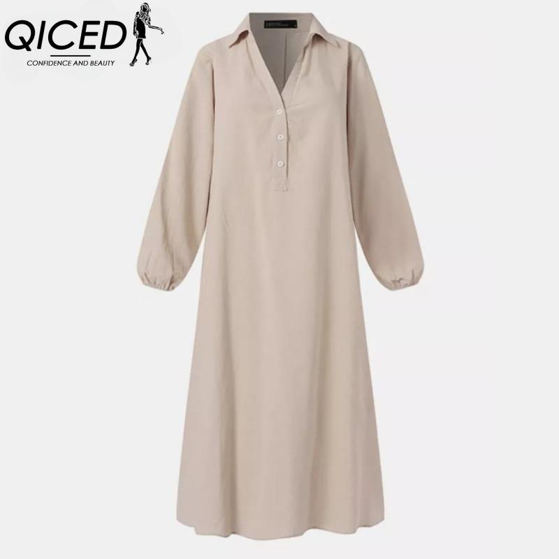 QICED Women's Fashion Spring Autumn Solid Color Print Long Sleeve High Waist Casual Dresses