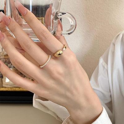 Gold Electroplated Pearl Open Ring Set: Versatile, Simple, Elegant Jewelry for a Stylish Flair