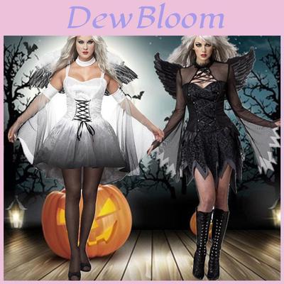 Stunning Halloween Women's Dark Angel Costume With Detachable Feather Wings And Plunging Neckline