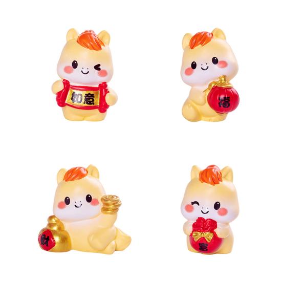 4Pcs Mini Cartoon Horse Figurine Bring Good Luck Fortune Miniature Pony Statue Resin Animal Sculpture Home Office Microlandscape Decoration Ornament