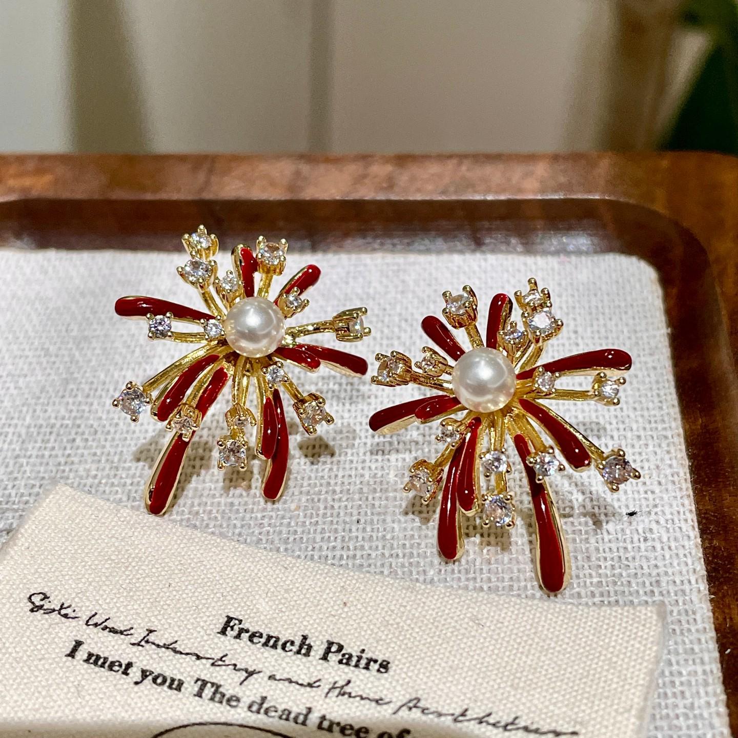 Высококачественные сверкающие красные эмалированные серьги-гвоздики «Фейерверк» с уникальным дизайном из жемчуга и циркония для женщин