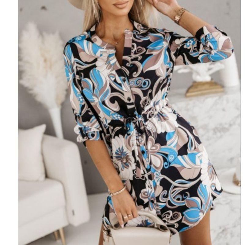 

Мода Кросс-Бордер Мода Повседневное V-образный вырез Однобортный Принт Шнуровка Рукав три четверти Осеннее платье-рубашка Женское платье White 2XL