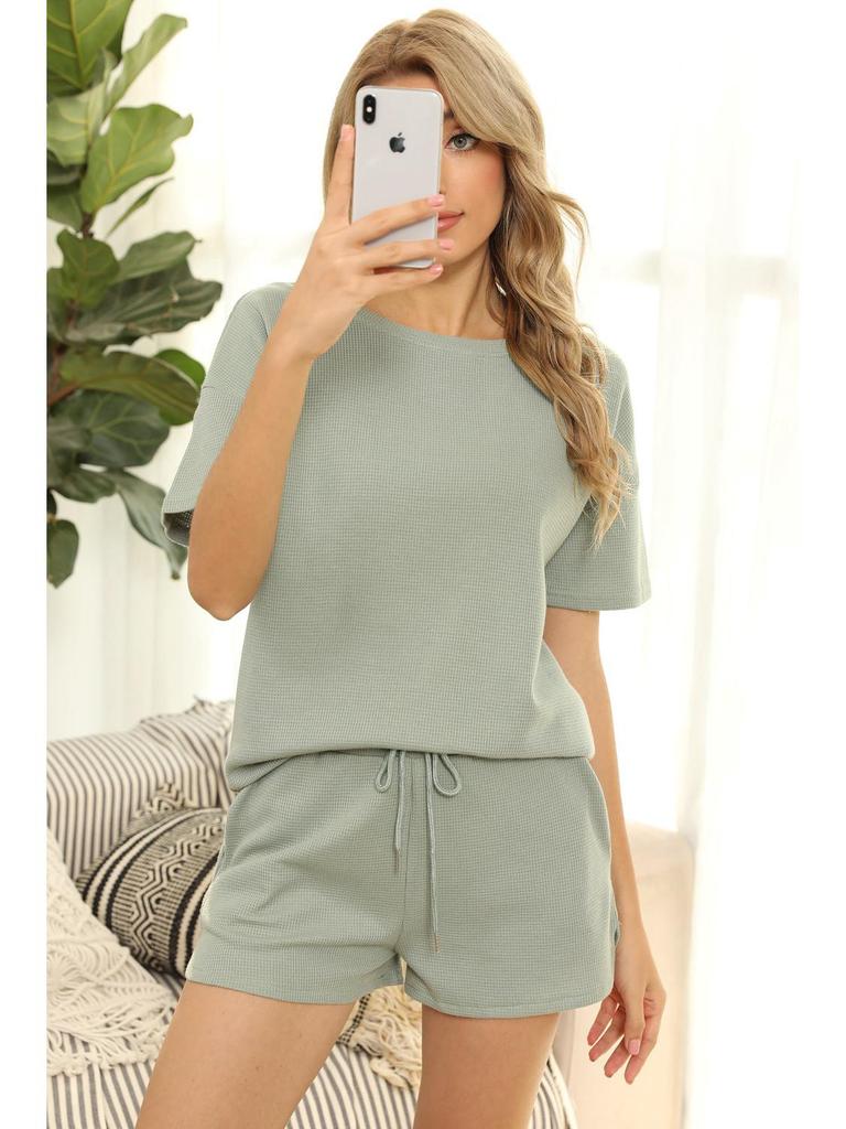2024 Dámska ležérna dvojdielna súprava z vafľovej pleteniny: Top s krátkym rukávom a šortky