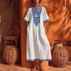 Women V Neck Ethnic Style Embroidered Short Sleeve Maxi Dress Bohemian Loose Fit Kaftan Dress Multi Color