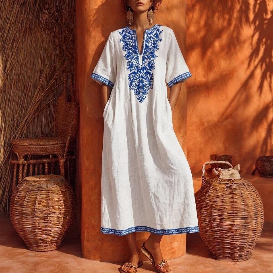 Women V Neck Ethnic Style Embroidered Short Sleeve Maxi Dress Bohemian Loose Fit Kaftan Dress Multi Color