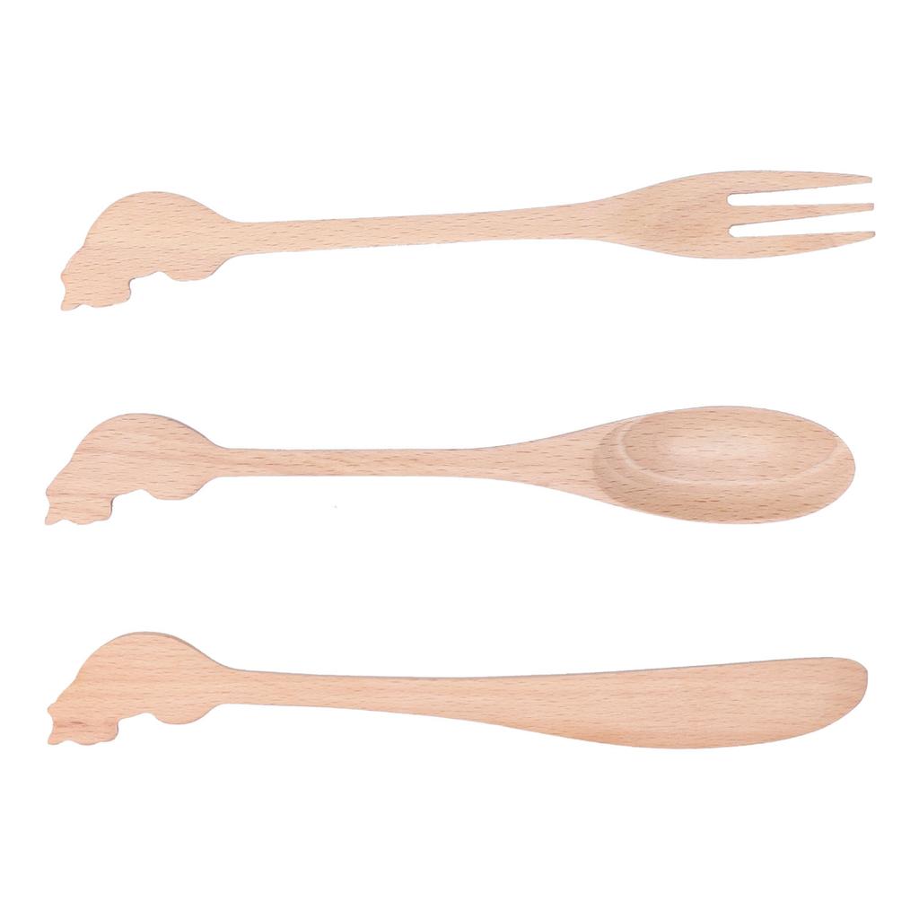 3pcs Wooden Tableware Set Spoon Fork Reusable Hand Made Utensils Portable Soup Spoon for Kitchen Picnic Hotel