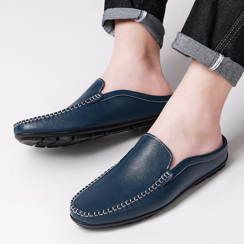 Fashion Men's Genuine Leather Half Loafers Slip-On Comfortable Casual Shoes Dress Shoes Men Business Classic No Back Heel Leather Shoes