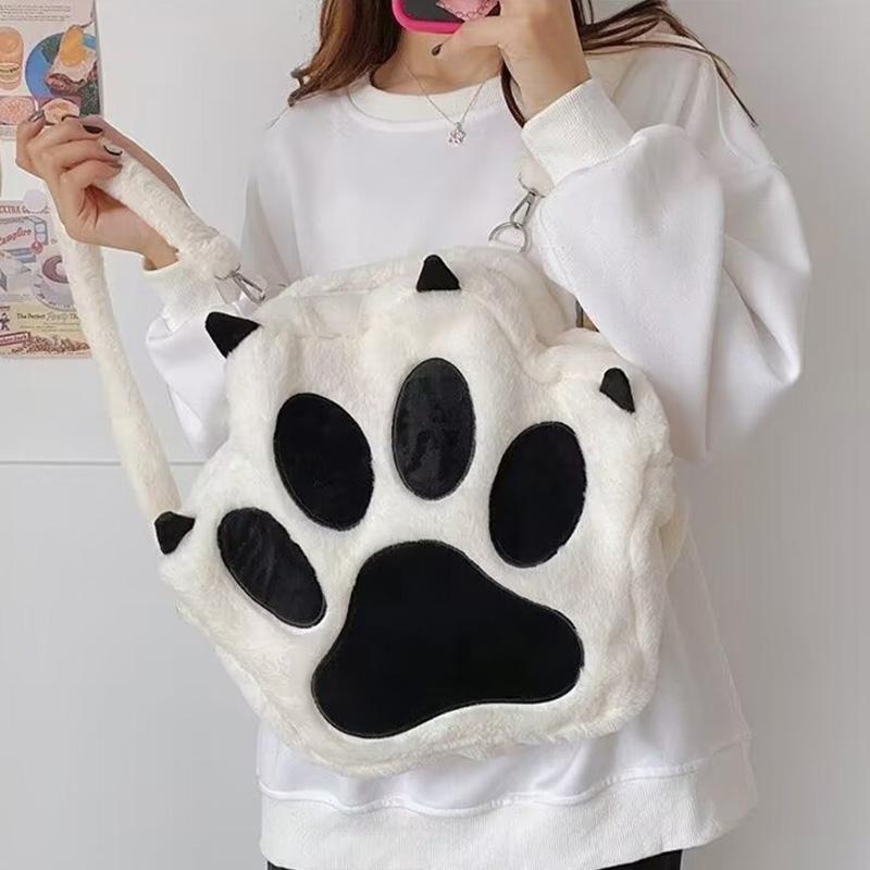 Kawaii White Puppy Cat Paw Plush Backpack Adjustable Straps Funny Dog Big Capacity Soft Stuffed Animals Bags for Girls Women