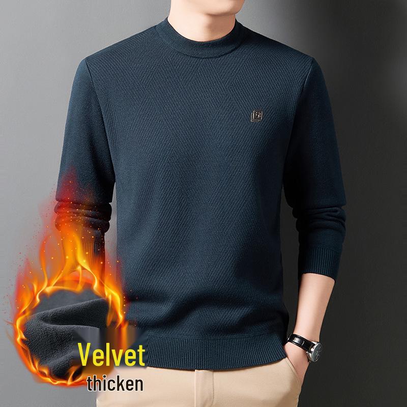 Men's Solid Color Half-High Collar Fleece Knit Sweater - Warm, Casual Base Layer Shirt