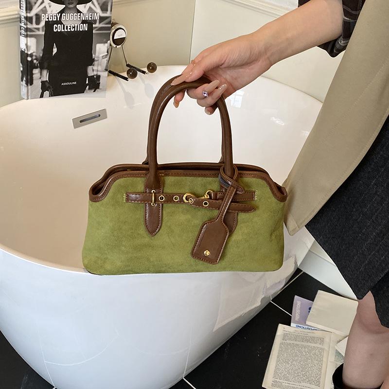 

2025 Ретро Нишевая Замшевая Сумка Кроссбоди Багет с Цветными Блоками - Новая Универсальная Мода для Женщин зелёный