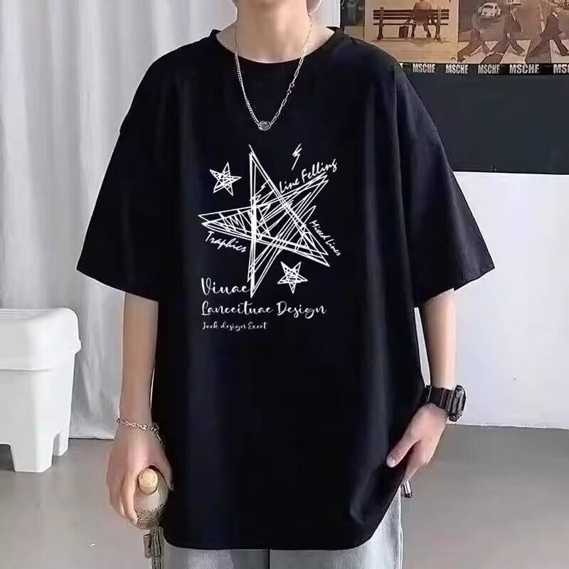 Summer limited edition men's oversized T-shirt Line stars printed T-shirt suitable for both men and women