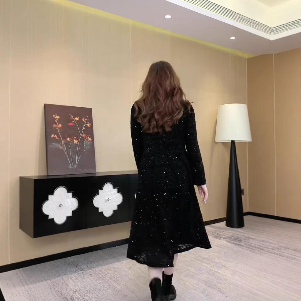 Spring Light Luxury Lace Evening Gown - Plus Size, Long Sleeve, Shiny Casual Dress for Women