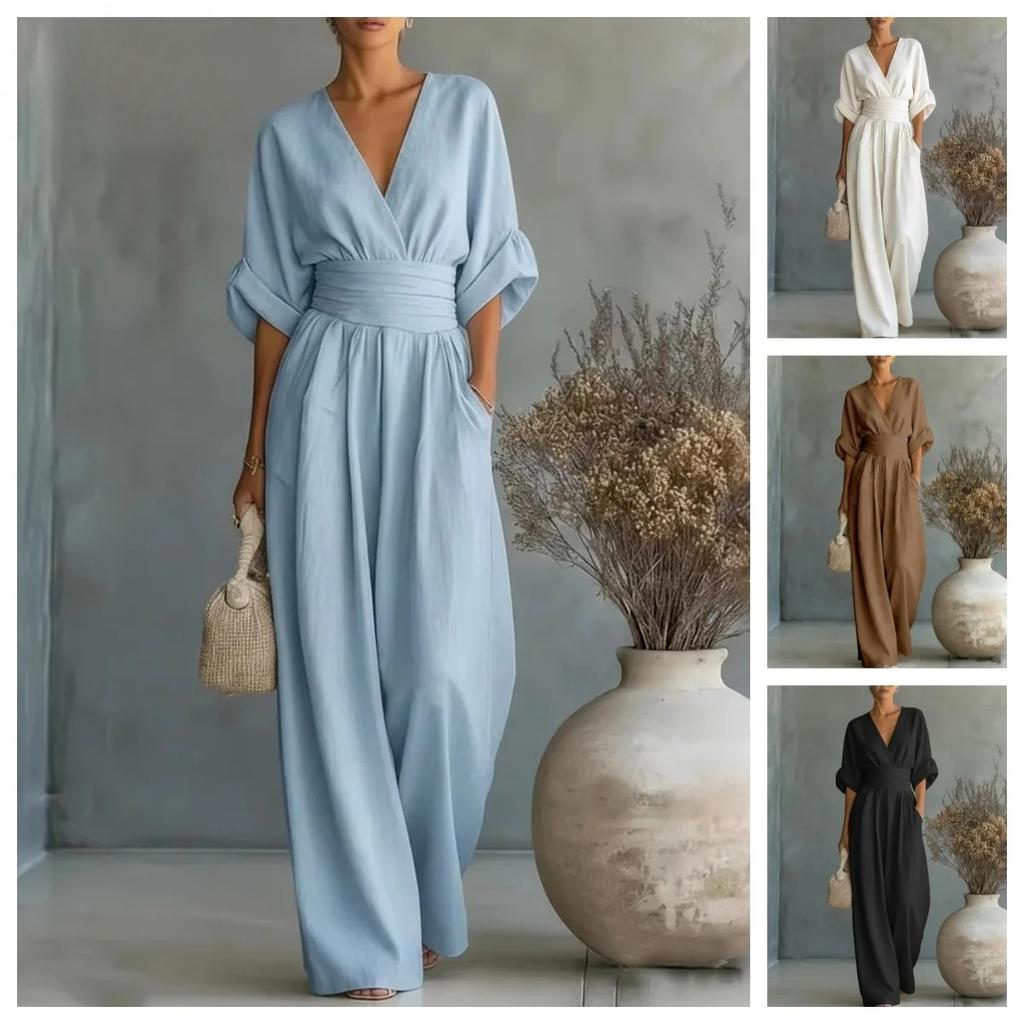 2026 Diepe V-hals Dames Jumpsuits Elegante Effen Hoge Taille Rompers Casual Wijde Pijpen Broek Zak Overalls Vakantie Outfit Los