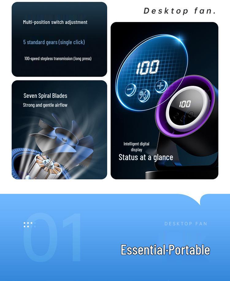 Silent USB Rechargeable Desktop Fan with Digital Display for Office and Dorm