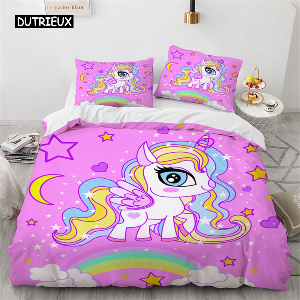 Duvet Cover Cartoon Unicorn Floral Bedding Set Microfiber Flying Horse Comforter Cover Full Queen Children Girls Bedroom Decor