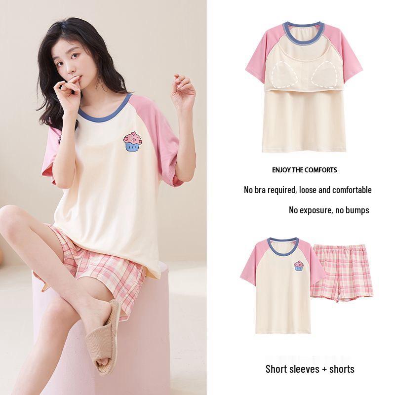 Korean Style Women's Cartoon Pajamas Set with Built-in Bra - Short-Sleeved, Loose, Plus Size, Summer Homewear