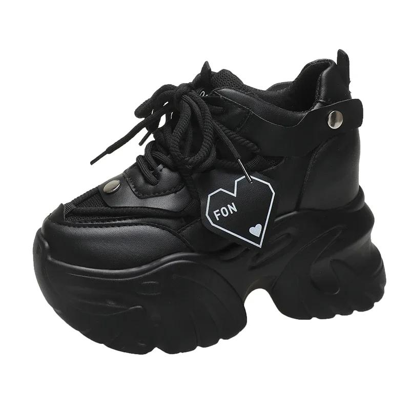 9.5CM Heels Chunky Sneakers Spring Autumn Women Ventilate Shoes Comfortable Casual Leather Shoes Female Non-slip Chunky Sneakers