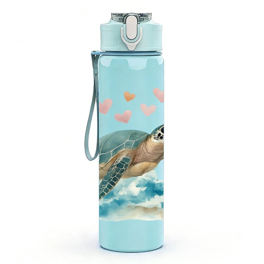 1PC Sea Turtle Heart Love Art Print 750ml Color Plastic Sports Water Bottle Leakproof Flip Straw Lid Suitable for Sports Office Home Use