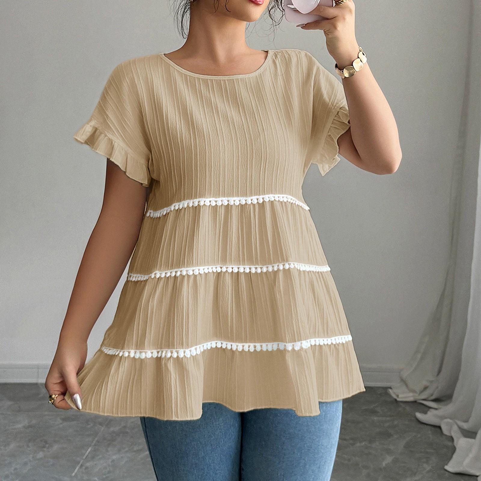 

Women s Fashion Round Neck Ruffled Solid Color Short Sleeve Top L бежевий