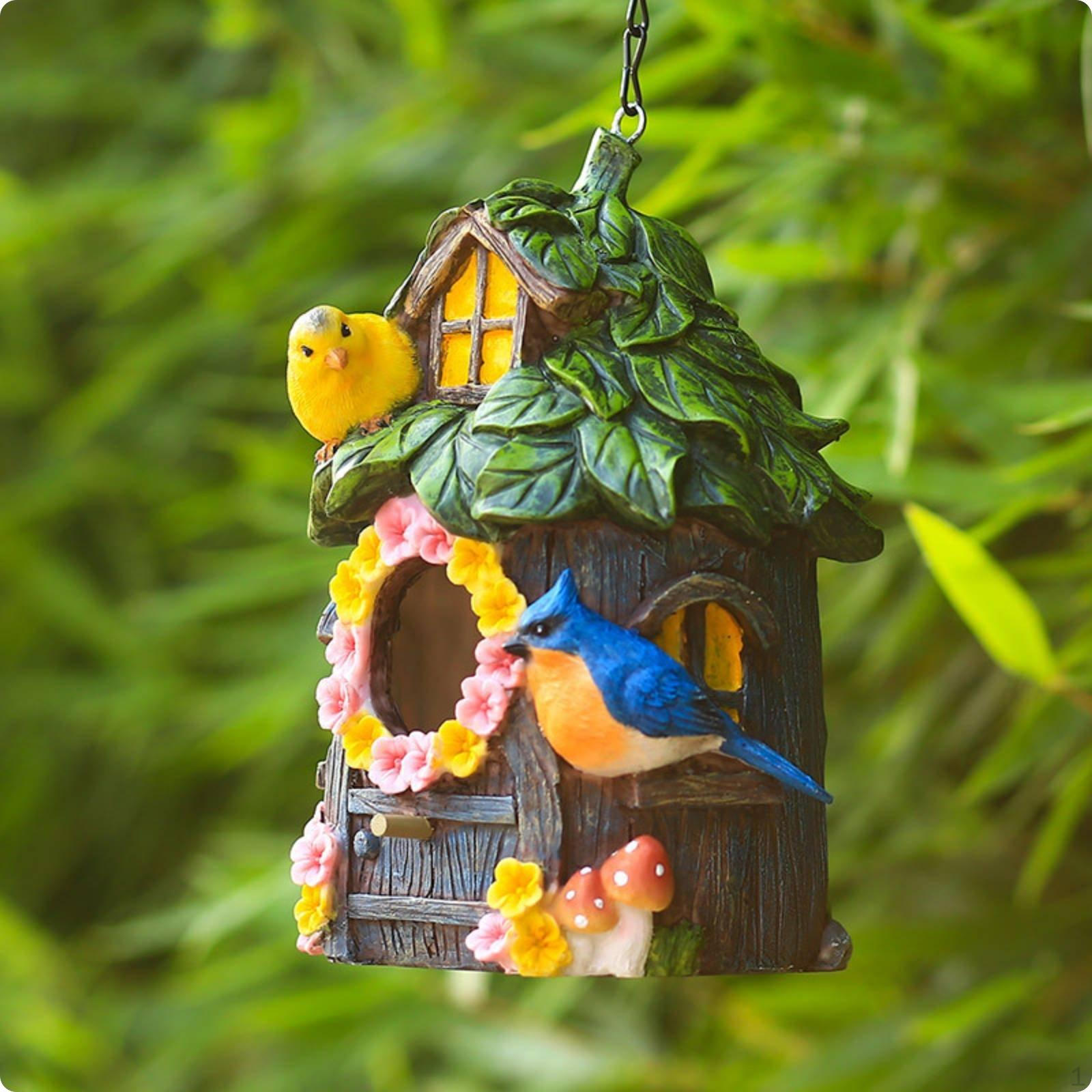 Hanging Birdhouse Ornament Garden Charm Resin Nature Themed Mini Avian Abode for