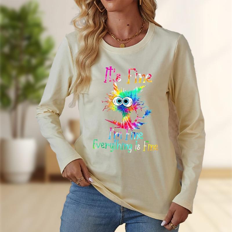 

Топы для женщин, цветная футболка с принтом «взрывной кот», с круглым вырезом и длинными рукавами, повседневный облегающий женский топ с длинными рукавами 8XL бежевый