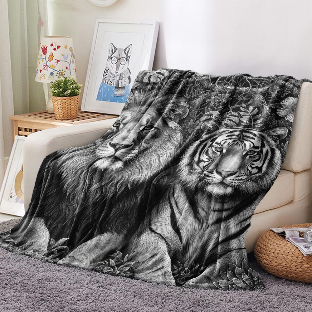 1PC Black white animals Print Flannel Blanket, High quality Comfortable for All Seasons, Home Decor, Warmth and Comfort