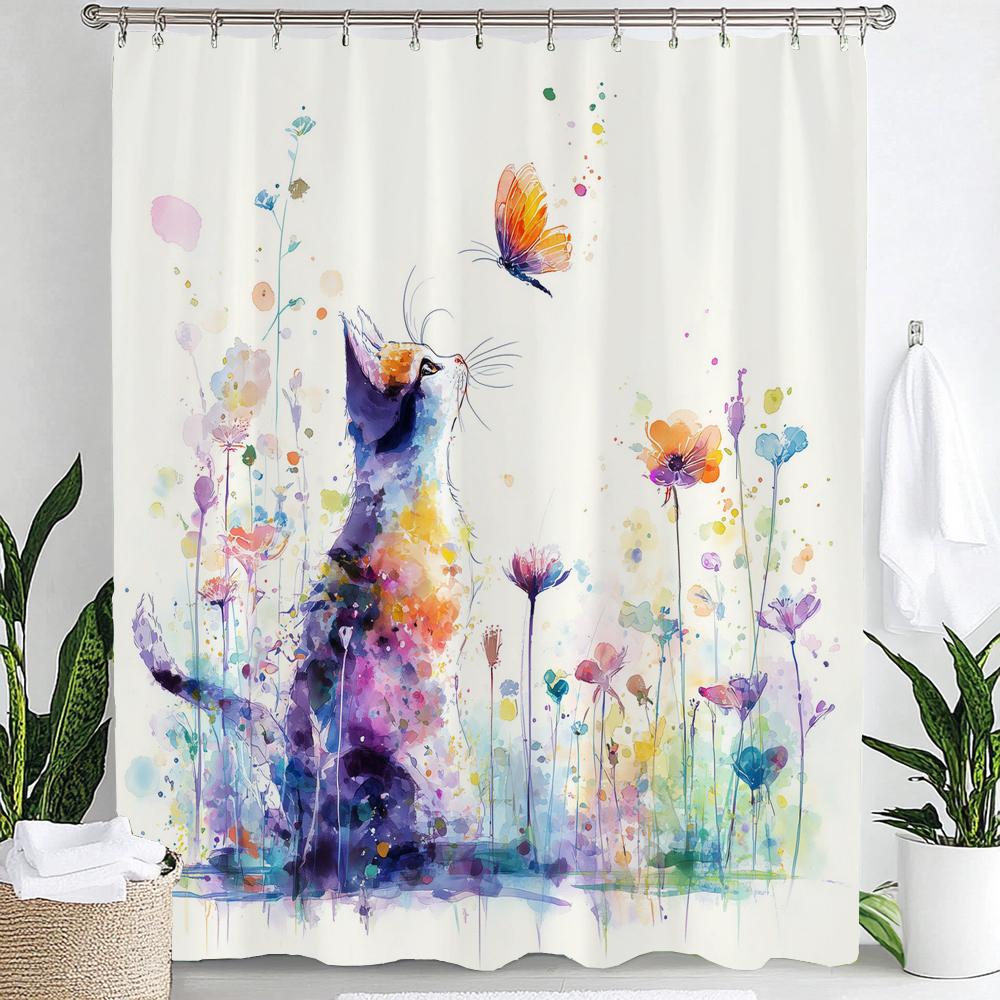 Cartoon Cat Shower Curtain, Plant leaves Bathroom Decorative Shower Curtain, Printed Fabric Home Curtain with Hooks