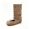 [Removable] Round head retro bow ballet shoes women's two wear short boots pleated pile boots