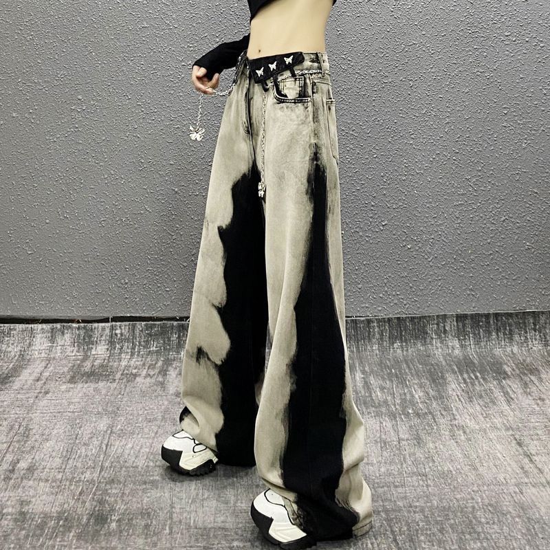 

Красивые контрастные повседневные джинсы для женщин больших размеров Новые персонализированные острые девичьи джинсы свободного кроя с прямыми штанинами и широкими штанинами S чёрный