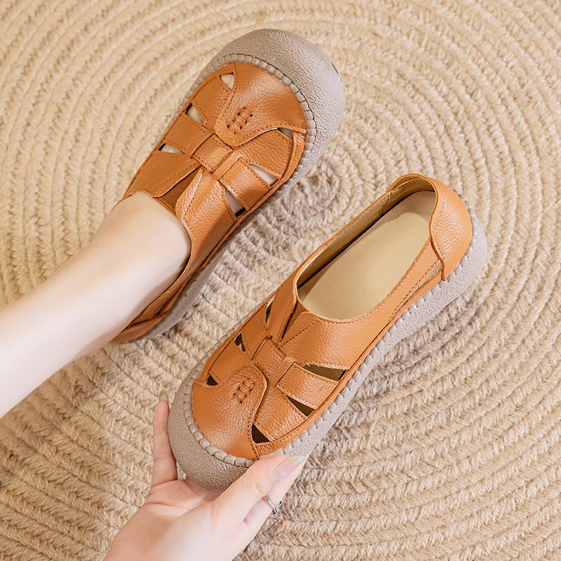 Women's sandals retro Roman style hollow shoes leather breathable non-slip medium platform casual child
