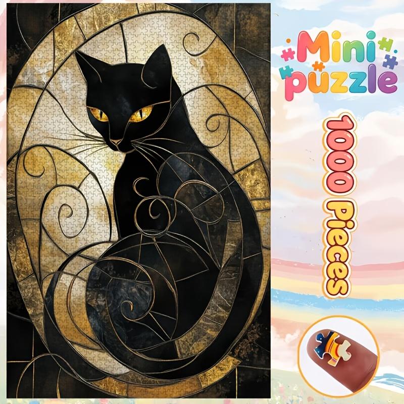 1000pcs Mini Jigsaw Puzzle Suitable for & - Challenging Black Cat in Golden Frame with Swirls, Portable Brain for Travel, Rectangular Box for Display,