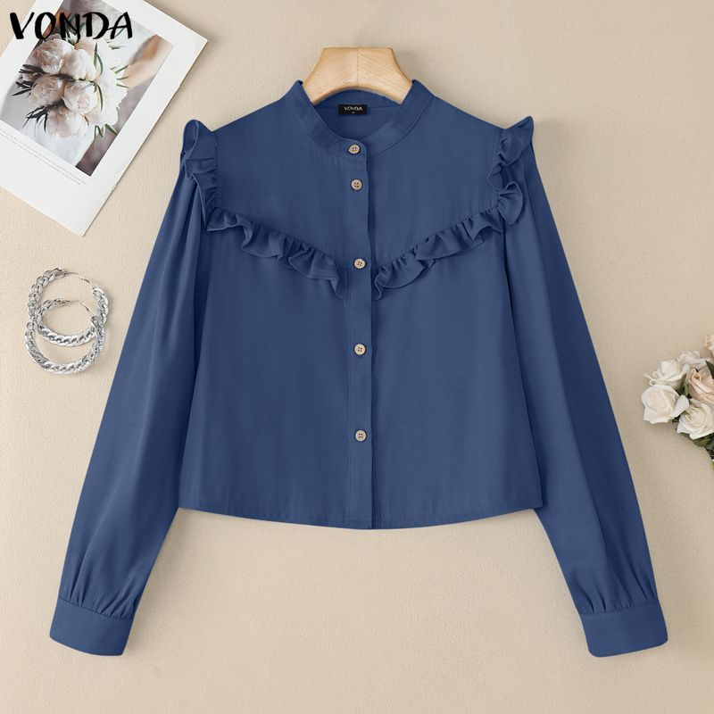 VONDA Elegant Women Long Sleeve Ruffled Plaid Blouse Shirts