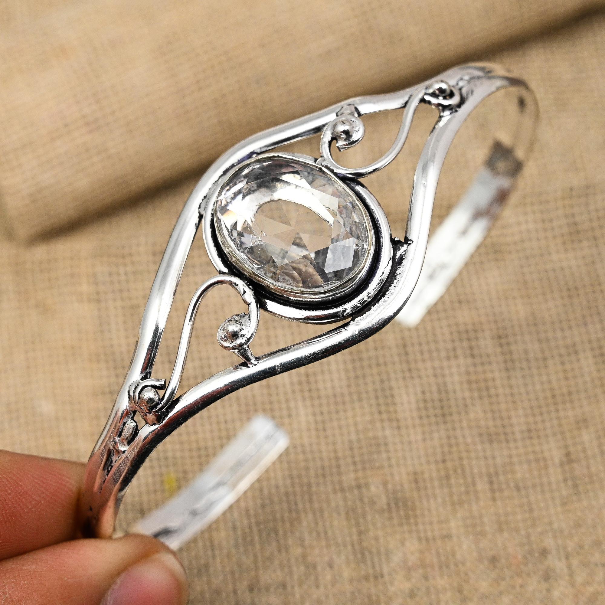 

Белый топаз драгоценный камень ручной работы из стерлингового серебра 925 пробы Свадебные украшения Регулируемая манжета