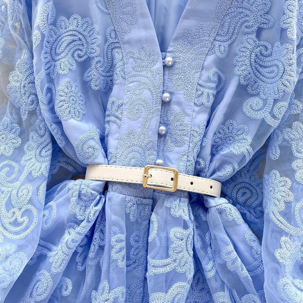 שמלה אלגנטית לנשים עם צווארון וי, שרוולי פנס, מותן מכווץ, עיצוב חצאית איי-ליין, רקמה, כפתרה אחת