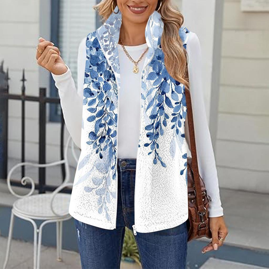 Women's Retro Printed Fashionable Warm Fleece Cardigan Vest Coat