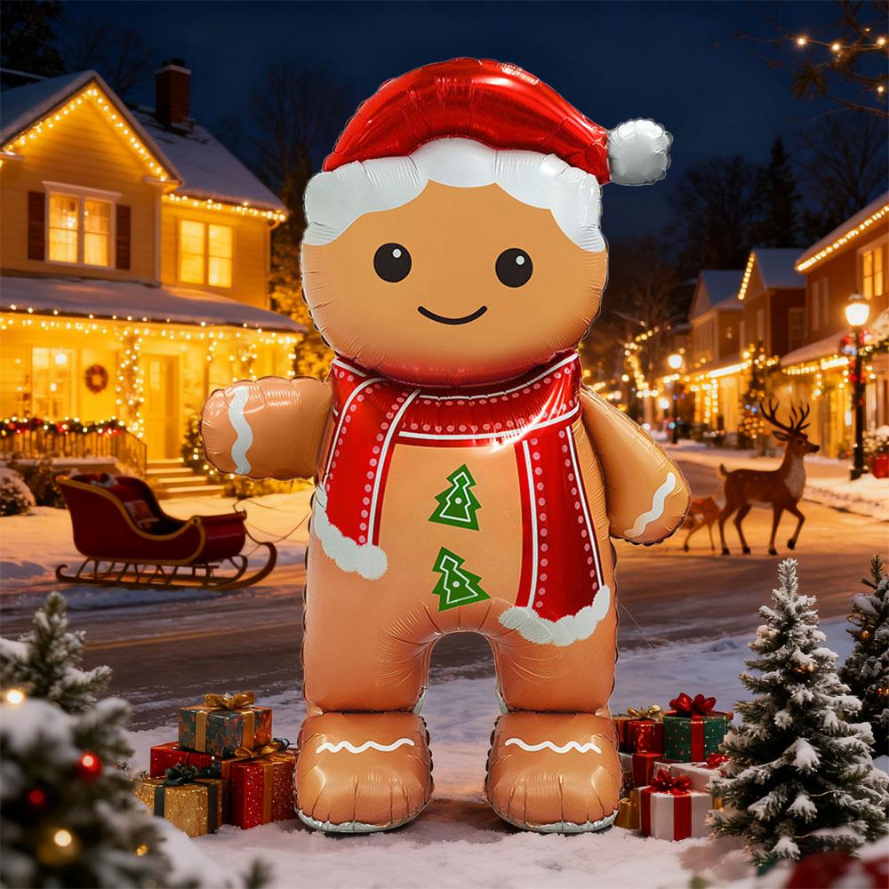 Standing Smiling Gingerbread Man Aluminum Foil Balloon, Suitable for Christmas Party Decoration, Christmas New Year Balloon