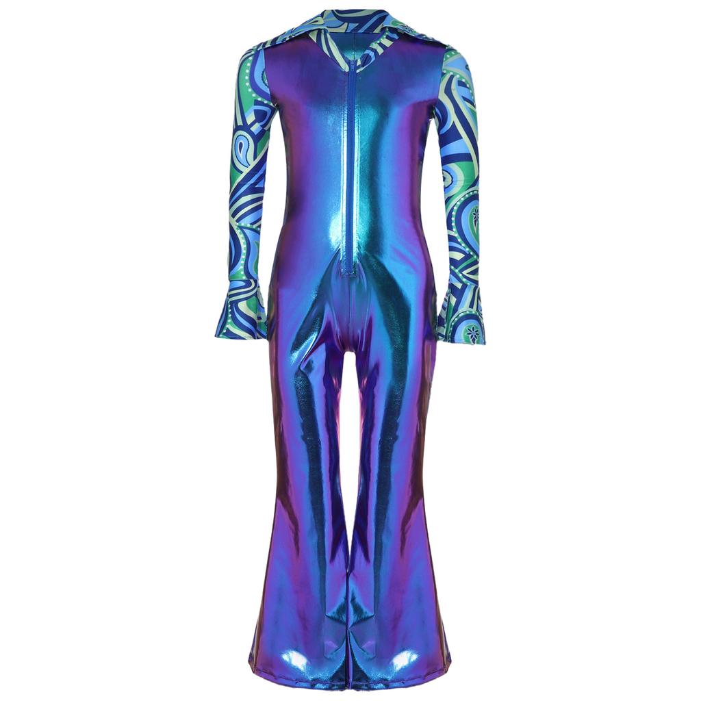 Boys Disco Costume Patchwork Printed Design Shiny Metallic Lapel Collar Long Flare Sleeve Bell Bottomed Pants Jumpsuit