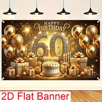 2D Graphic Design 1 Golden-themed 60th Birthday Banner - Polyester Material Photo Background and Party Decorations
