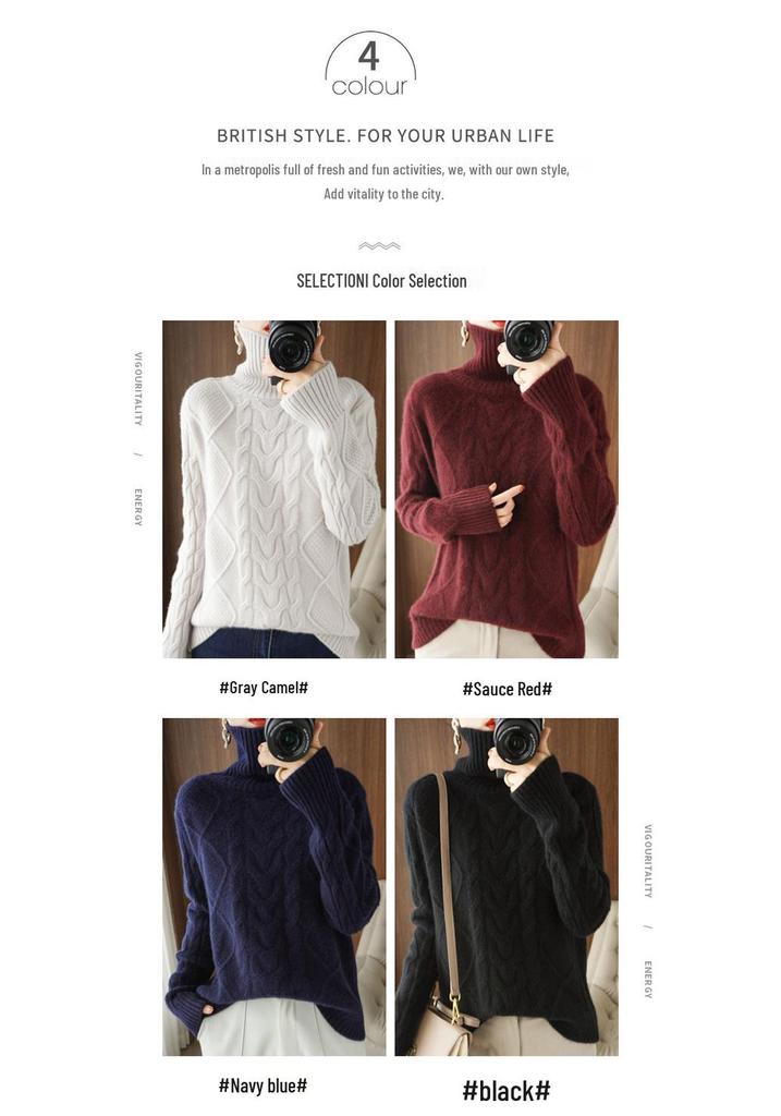 Women's Thick Winter Red Wool Cable Knit High Neck Sweater 