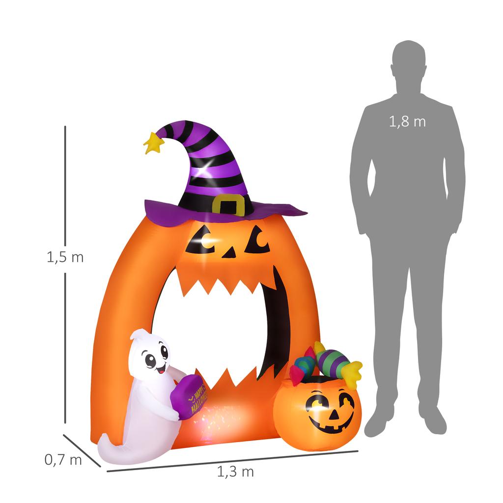 Arco de Calabaza Inflable de Halloween de 150 cm con Fantasma Lindo, Decoración Inflable de Halloween con Luces LED