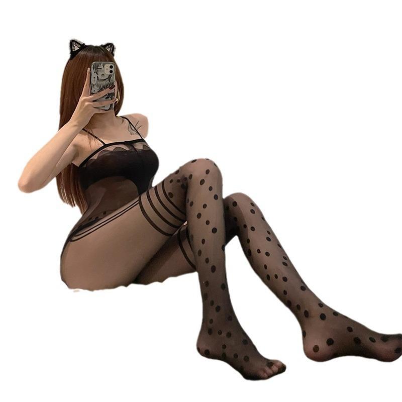 Sexy Lingerie Net Clothes One-piece Perspective Tights Chest-wrapped Transparent Stockings Open Crotch Temptation One-piece Net Clothes