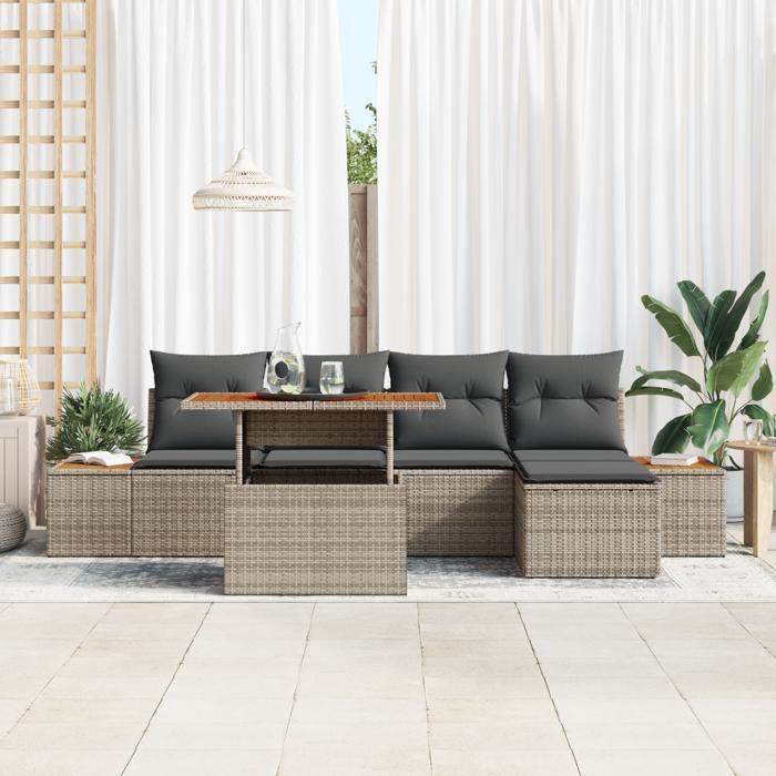 VidaXL Ensemble de salle à manger de jardin de 6 pièces avec coussins gris en poly rattan et acacia 3350061
